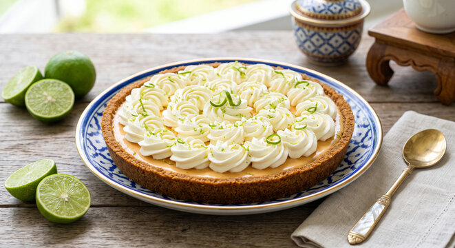 Florida Key Lime Pie Garnished with Whipped Cream and Lime