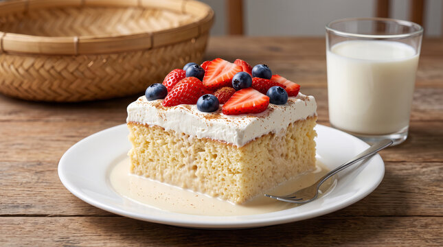 Mexican Tres Leches Cake Slice with Cream and Strawberries