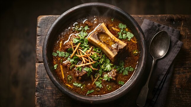 Rustic beef stew with bone marrow in ceramic bowl, slow cooked meat soup with fresh herbs, traditional hearty dinner on dark wooden table