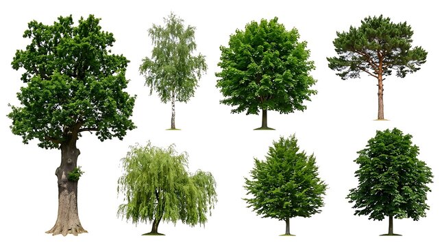Collection of various deciduous and coniferous trees isolated on white background.