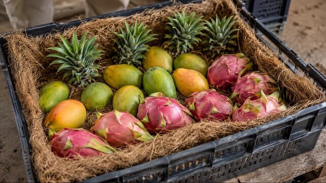 Reusable agricultural transport crate with coconut and banana fibre cushion mat, reduced produce damage and low waste logistics