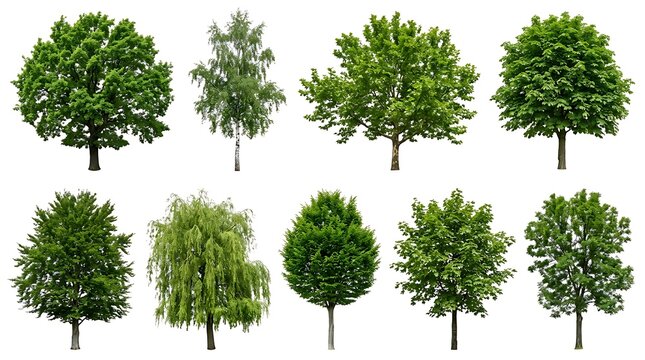 Collection of various green deciduous trees isolated on white background.