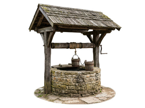 Old stone water well with wooden roof. Rustic garden feature with bucket and crank.