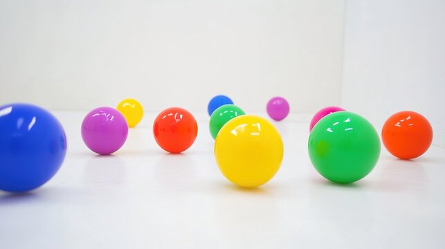 bouncing. Colorful bouncing balls leaving motion trails in a minimalist white room. lifestyle magazines, social media lookbooks, designed for lifestyle magazines and social media content.