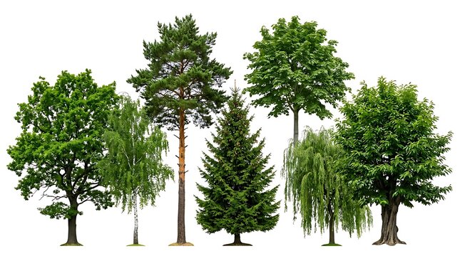 Collection of various green forest trees isolated on white background.