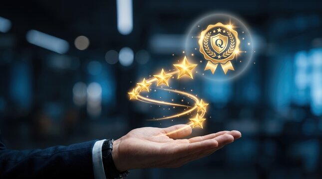 Hand holding glowing golden quality assurance badge with five stars, service excellence award symbol, customer satisfaction guarantee and top rated business achievement