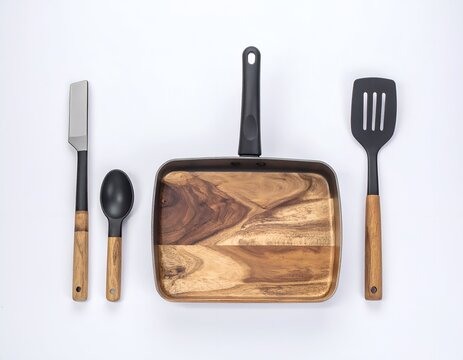 Kitchen tools, arranged on a white background skillet, spatula, spoon, butter knife