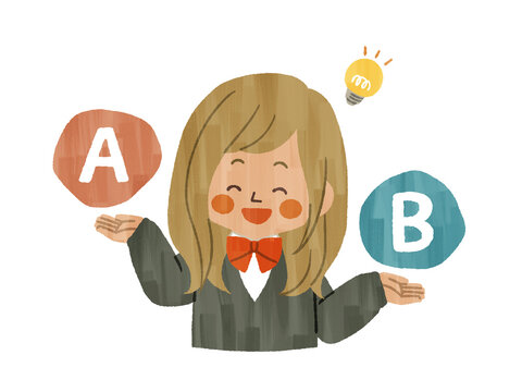 比較をしている笑顔の女子学生-ガッシュ