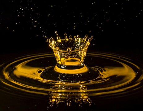 Golden liquid crown forms as a drop impacts a still, dark surface