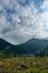 Obraz premium Mountains with cloudy sky viewed from a grassy area near buildings in a forested region during daytime