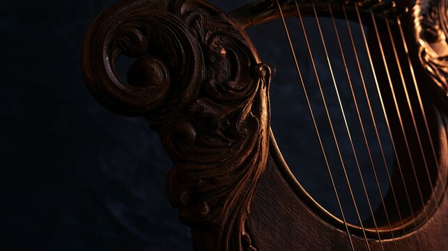 lyre. Ornate small lyre harp with carved details, strings glinting in warm light. lifestyle magazines, social media lookbooks, designed for influencer and brand collaborations.