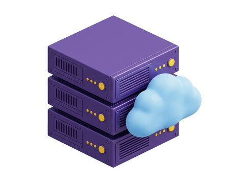 Purple server rack with cloud icon. 3D data storage unit for cloud computing services.