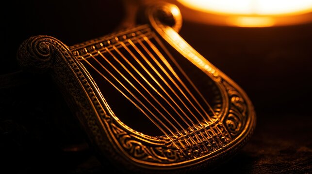lyre. Ornate small lyre harp with carved details, strings glinting in warm light. lifestyle magazines, social media lookbooks, designed for influencer and brand collaborations.