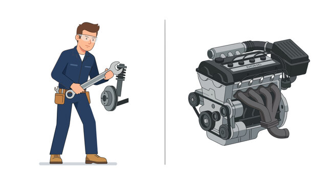 Professional mechanic character with tools and car engine vector illustration
