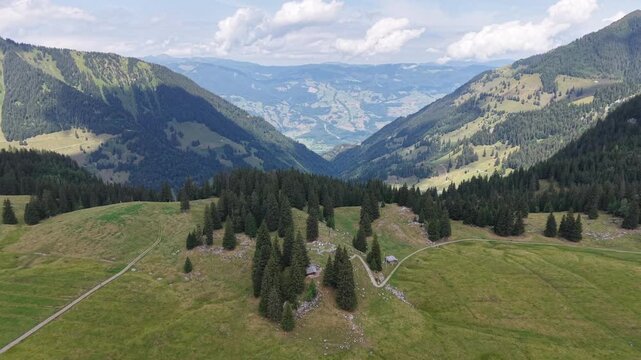 Drone view at Aelggialp the geografic center of Switzerland on the Swiss alps