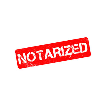 Red notarized rubber stamp icon, distressed grunge ink seal on white background, official legal document certification graphic