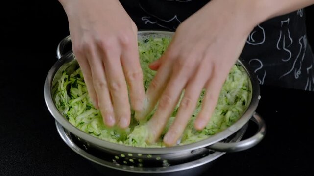Person mashing bright green vegetables in metal bowl, then straining mixture through funnel into second bowl, cooking preparation in kitchen, Cooking location, daytime.