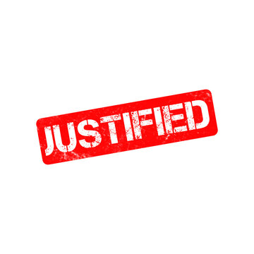 Justified red rubber stamp on white background, distressed grunge ink texture, rectangular legal and business certification mark