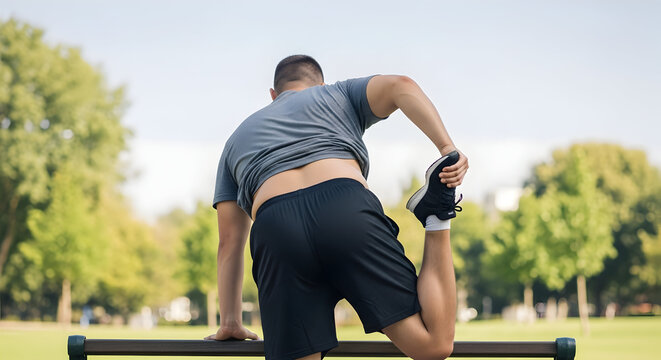 Man Stretching Leg While Preparing for Workout in Park with Lush Greenery and Clear Blue Sky in Background