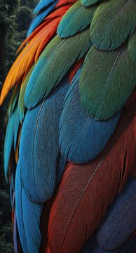 Close up of colorful parrot feathers showing layered texture and vibrant blue green red plumage, detailed macro composition suggesting tropical rainforest environment