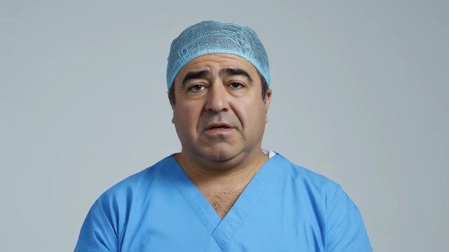 Male Doctor in Blue Scrubs with Surgical Cap Portraying Professionalism and Compassion in Clinic