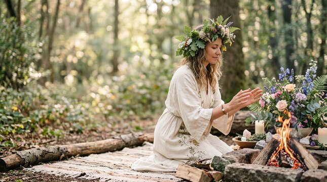 A young woman wearing a flower wreath performs a pagan summer solstice ritual while sitting by a campfire in the forest