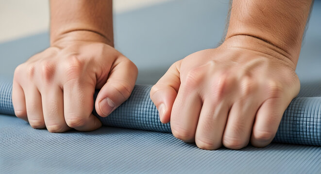 Hands Firmly Gripping a Yoga Mat on a Smooth Surface During an Intense Fitness Routine or Stretching Practice at Home or Gym