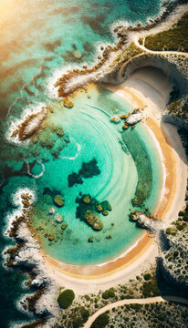 Aerial view of a tropical lagoon with turquoise water and sandy beach. Natural hidden cove surrounded by rock formation. Summer vacation concept, exotic marine travel destination.
