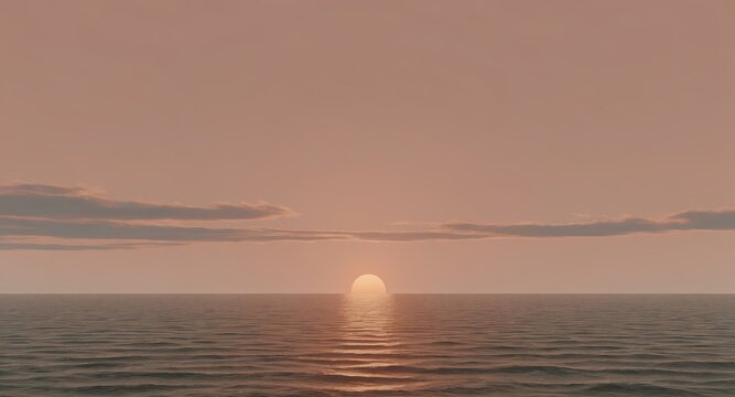 Minimal sunrise over calm sea with sun half above horizon casting soft pink pastel light across reflective rippled water and peaceful dawn atmosphere