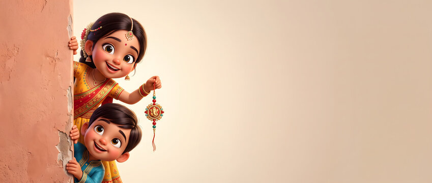 Cute Indian Siblings Celebrating Raksha Bandhan Festival with Rakhi Thread, 3D Cartoon Characters Peeking from Wall with Copy Space