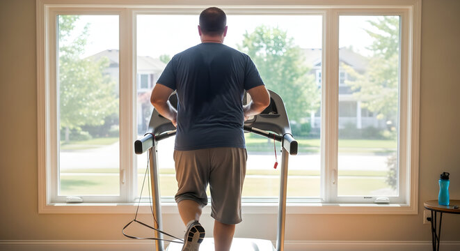 Man Running on Treadmill in Bright Indoor Space with Big Window Overlooking Lush Green Trees Outside During Morning Workout
