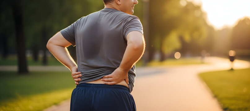 Man Experiencing Back Pain While Running in a Park at Sunset During Evening Exercise Routine