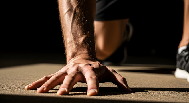 Close-Up of a Man's Hand Engaged in a Push-Up Exercise on a Fitness Mat in a Dimly Lit Gym Environment