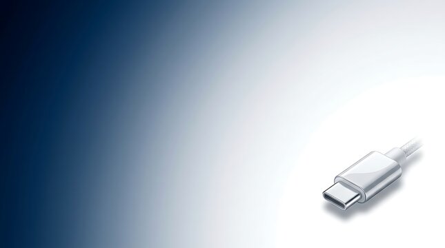 A single silver usb c connector cable isolated on a clean white and blue gradient background
