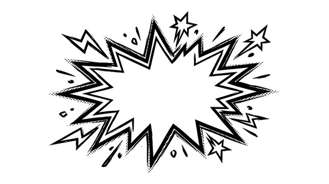 Hand drawn comic style explosion bubble with lightning and stars.