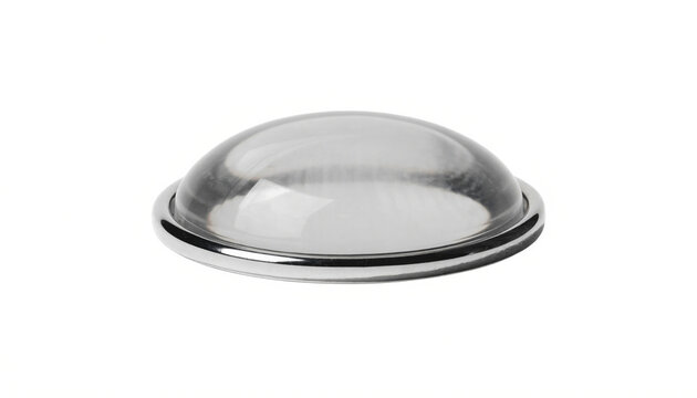 Minimalist clear glass circular dome paperweight featuring polished silver metal rim isolated white background with displays single translucent glass dome metallic border