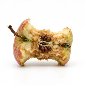 A bitten apple core with seeds and stem on a flat surface