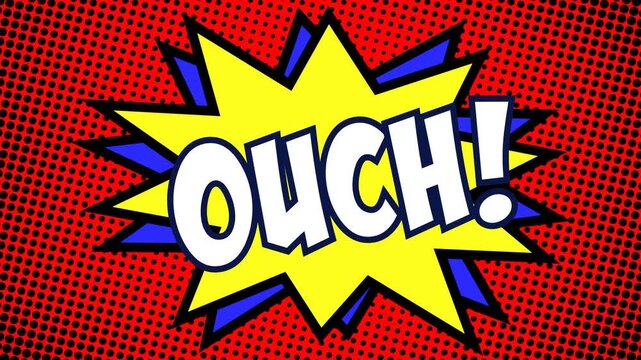 OUCH! comic exclamation bursts from yellow starburst over red halftone dots. Bold pop art animation channels retro cartoon impact and pain. Great for gaming reactions, memes, and comedy edits.
