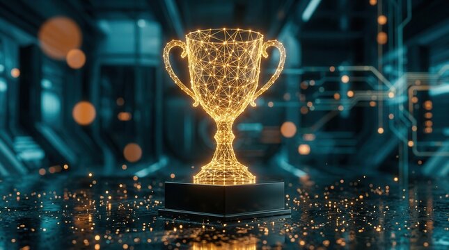 Glowing golden goblet on black pedestal as a digital trophy award on futuristic background.