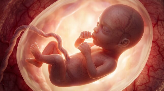 Miraculous beginning of life: a detailed 13-14 week human embryo visual showing prenatal development inside the amniotic sac.