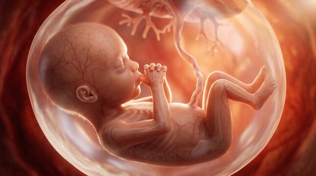 Miraculous beginning of life: a detailed 13-14 week human embryo visual showing prenatal development inside the amniotic sac.