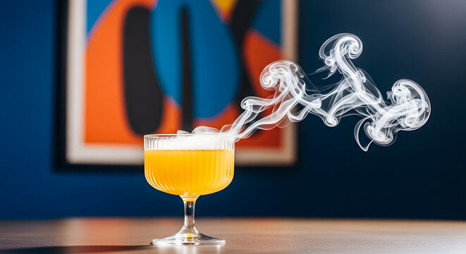 Elegant yellow cocktail with dramatic smoke effect in bar
