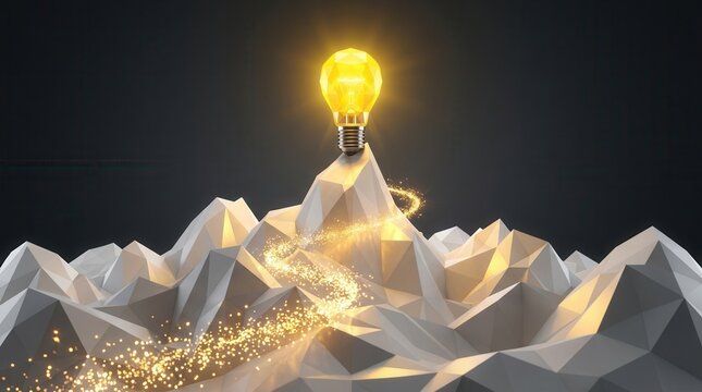 Idea ascends mountain peak as glowing path representing innovation growth and new concept realization.