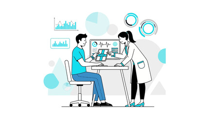 Fototapeta premium Doctor Consults Patient with Medical Data on Computer Screen, Healthcare Technology