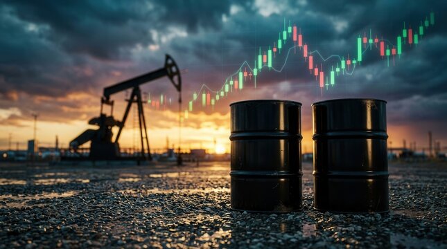 Crude oil extraction and energy trade analysis featuring oil barrels near a pumpjack with a stock market chart overlay at sunset.