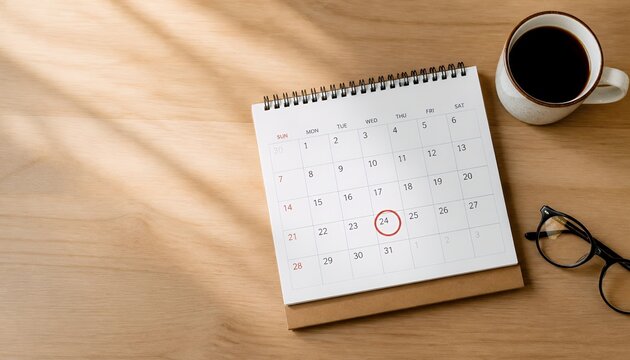 A high-angle horizontal flat lay shot of a white spiral desk calendar placed on a light wooden table. The date 24 is highlighted with a red circle on the calendar page. Next to the calendar sits a cer