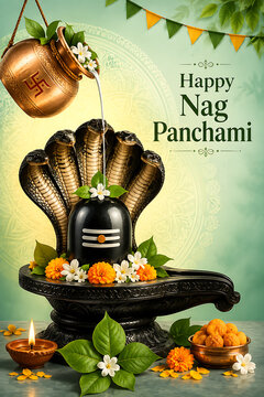Nag panchami shiv lingam worship with five cobras milk pouring marigold flowers green leaves sweets and burning diya on festive background composition