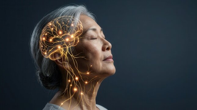 Neural network effect glowing in the head of an elderly woman representing brain function.