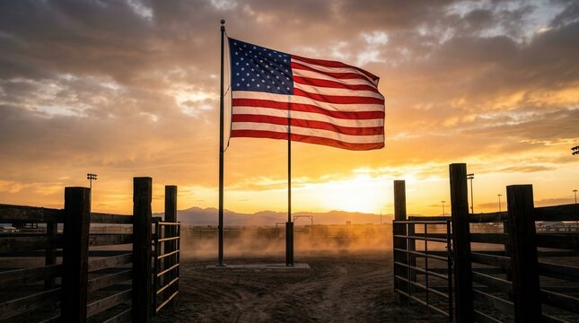 American flag waves at sunset in a dusty rodeo arena.