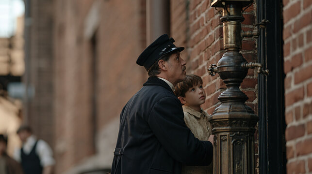 A child watches wide eyed from a doorway as a lamplighter in period uniform tends to an ornate iron gas lamp in an industrial brick alley, the child's perspective low and curious,